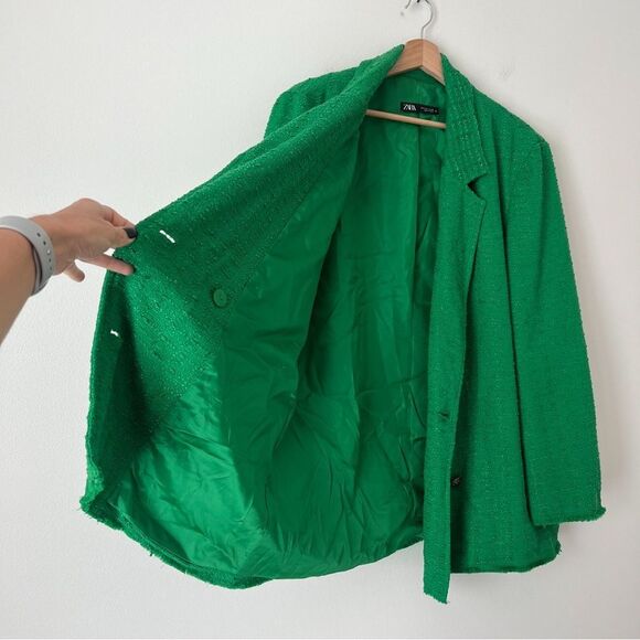 Zara Tweed Oversized Blazer Textured Double Breasted Size Large in Green Blogger - Picture 10 of 11